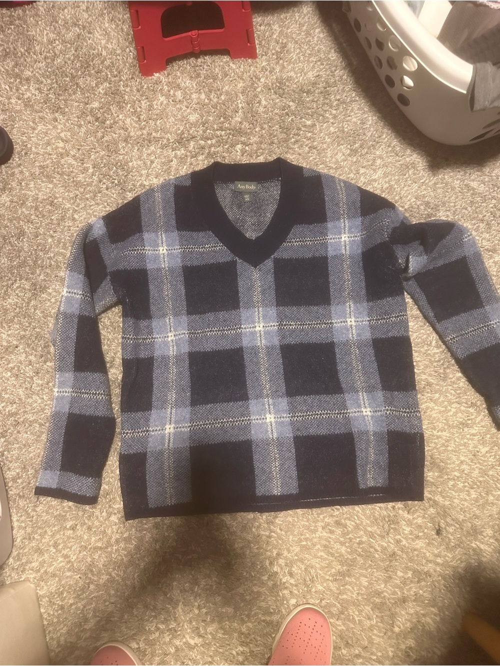 AnyBody Men's Navy and Light Blue Plaid V-Neck Sweater
